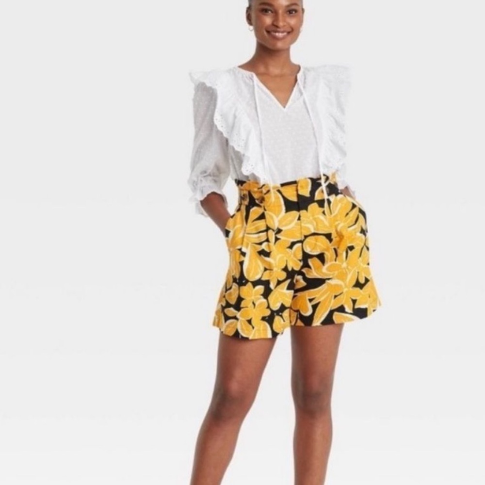 Who What Wear Yellow Floral High Waist Shorts